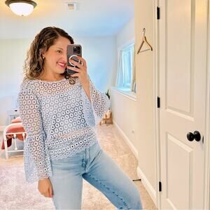 J. Crew Blue Floral Lace Flare Sleeve Blouse Top 6